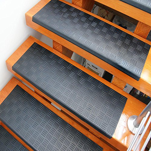 Rubber-Cal Diamond-Grip Recycled Rubber Step Mat - 9.75" x 29.75" inches - Black Stair Tread Mat - 6pack