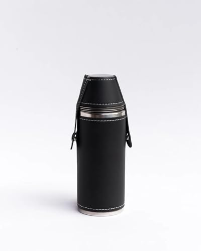8oz Black Flask with 4 Shot Glasses in Cap – Stainless Steel with Waterproof Leather Case, Leakproof, Travel-Ready - color: Black, size: 8oz Standard