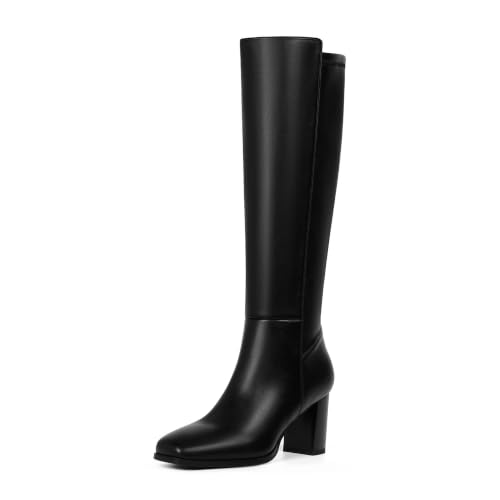 Modatope Stretchy Knee High Boots for Women Square Toe Chunky Long Boots - color: Black, size: 6