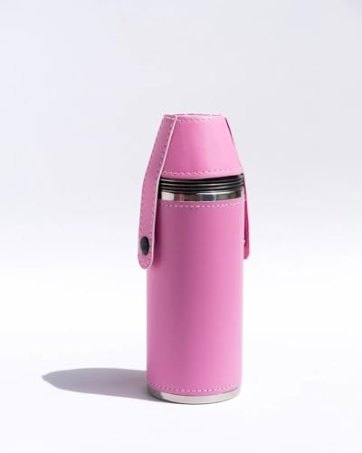 8oz Pink Flask with 4 Shot Glasses in Cap – Stainless Steel with Waterproof Leather Case, Leakproof, Travel-Ready - color: Pink, size: 8oz Standard