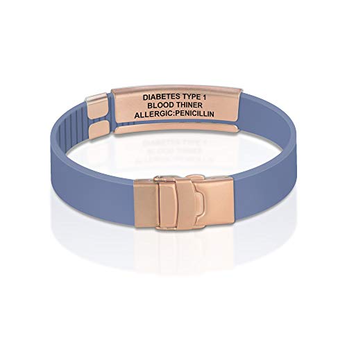 Divoti Custom Dual-Sided Engraved Silicone Medical Alert ID Wristband w/Security Clasp & Trim-to-Fit Band - Style - color: Carmella Blue / PVD Rose Gold / Black, size: Band Width - 13mm