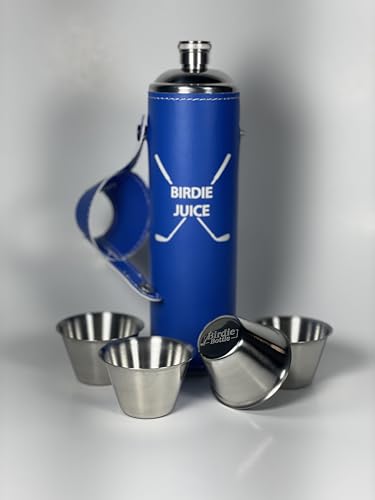 Birdie Juice Engraved Birdie Bottle 12oz Blue Flask with 4 Shot Glasses in Cap – Stainless Steel with Waterproof Leather Case, Leakproof, Great Gift Idea - color: Royal Blue, size: 12oz Birdie Juice