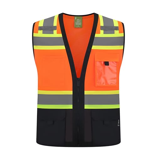 Gasoline Class 2 High Visibility Reflective Safety Vests Women & Men With 5 Pockets And Zipper Front,Meets Ansi/Isea - color: Orange Black, size: X-Small