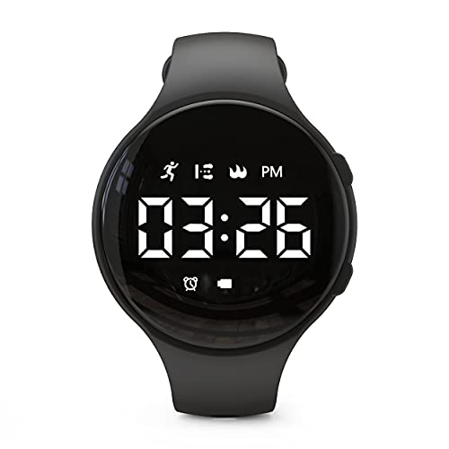 Non-Bluetooth Led Fitness Tracker Watch,Digital Pedometer Watch,with Step Counting/Distance/Calories/Stopwatch/Alarm Clock, Great Gift for Kids Teens Girls Boys Xmas - color: Round - black