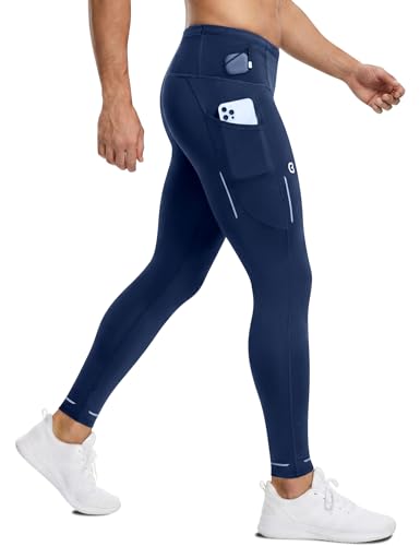 Mens Compression Pants with Pockets Quick-Dry Running Tights Spandex - color: Blue, size: Medium