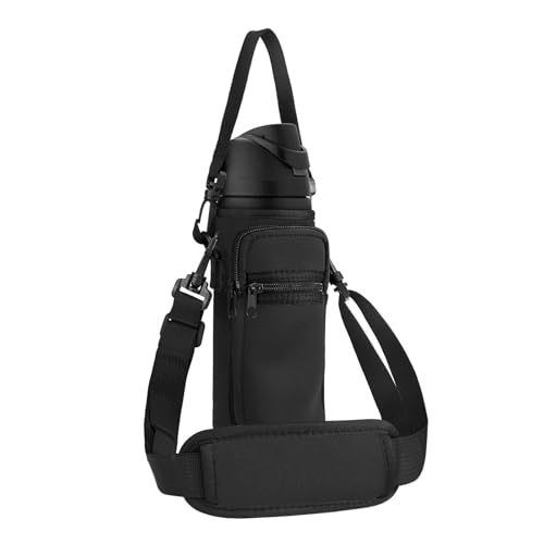 Neoprene Water Bottle Holder Bag with Cell Phone Pocket Compatible with Owala FreeSip 24 oz，Water Bottle Carrying Bag ，with Adjustable Shoulder Strap,for 24oz Stainless Steel Water Bottle - color: Black
