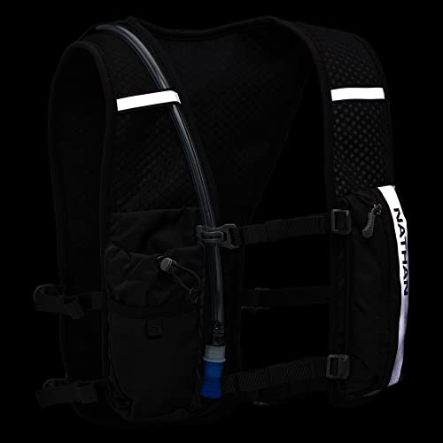 Nathan Hypernight QuickStart 2.0 4 Liter Hydration Pack w/ 1.5L Bladder, Reflective to Be Seen at Night, Front Water Bottle Pockets, Moisture Wicking, Unisex - style: Black/Geo Print