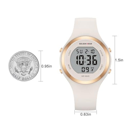GOLDEN HOUR Waterproof Sport Women's Digital Chronograph Silicone Strap Watch - color: Rose Gold/Starlight/Milk White