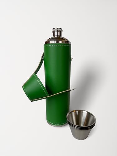 12oz Green Flask with 4 Shot Glasses for Sharing – Stainless Steel with Waterproof Leather Case, Leakproof, Great Gift Idea, Reusable - color: Green, size: 12oz Standard