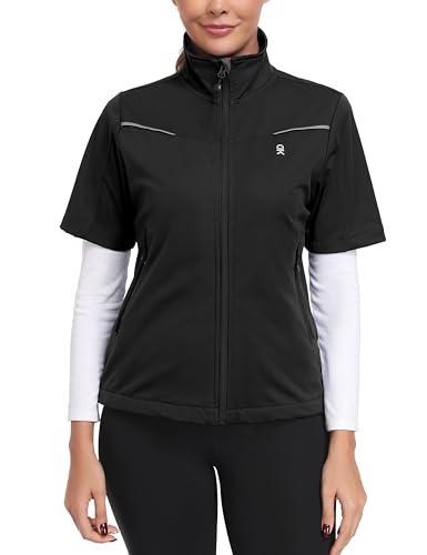 Little Donkey Andy Women's Short Sleeve Golf Jacket Lightweight Water Resistant Quick Dry Running Vest with Zipper Pockets - color: Black, size: X-Large