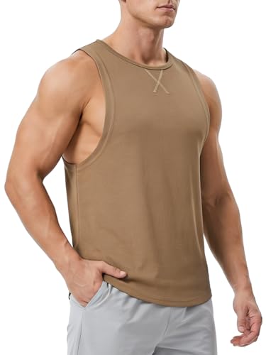 Men's Sleeveless Workout Tank Top Quick Dry Gym Muscle Bodybuilding Vest Breathable Lightweight Summer Athletic Tops - color: Khaki, size: Large