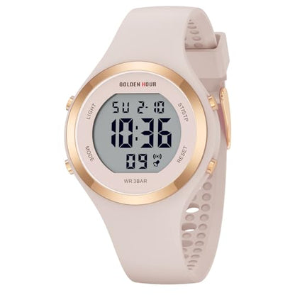 GOLDEN HOUR Waterproof Sport Women's Digital Chronograph Silicone Strap Watch - color: Rose Gold/Pink Sand