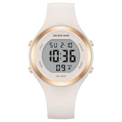 GOLDEN HOUR Waterproof Sport Women's Digital Chronograph Silicone Strap Watch - color: Rose Gold/Starlight/Milk White