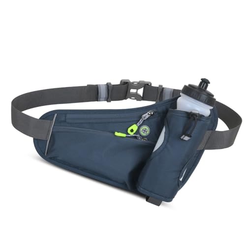 Water Bottle Waist Pack 2 Zippered Pockets – Reflective Running Belt for Hiking Cycling, Adjustable Breathable Mesh with Earphone Port(Grey) - color: Grey