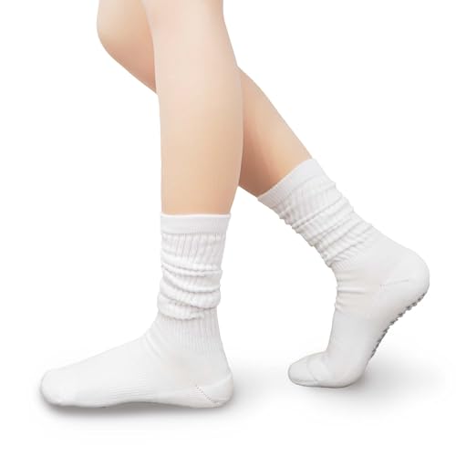 Grip Pilates Socks for Women Mid Calf Slouch Yoga Socks with Non Slip Grippers - color: Black/White/Khaki