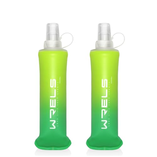 WRELS TPU Soft Flask Lightweight Portable Reusable Water Bottle,BPA Free Collapsible Flask for Hydration Pack in Running Hiking Cycling and Marathon - color: Mix Green-250ml *2