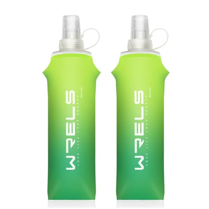 WRELS TPU Soft Flask Lightweight Portable Reusable Water Bottle,BPA Free Collapsible Flask for Hydration Pack in Running Hiking Cycling and Marathon - color: Mix Green-500ml *2
