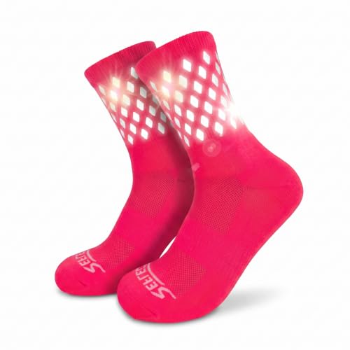 ReflecToes Reflective Socks for cycling and running - 330 Candle Power High Visibility Night Safety Gear - Biomotion Support - color: Pink-vented, size: Large