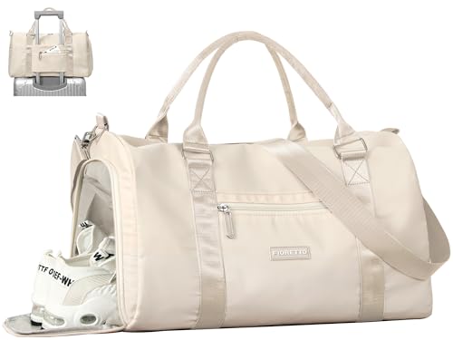 FIORETTO Womens Gym Tote Duffle Bag with Wet Pocket & Shoe Compartment, Sports Duffel Overnight Weekender Hospital Workout Carry on Bag for Girls, Ideal for Travel, Swimming, Dance, Ballet Beige - color: Cream, style: Gym Bag