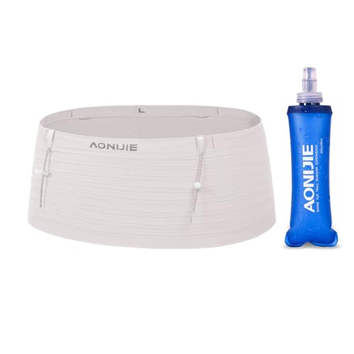 AONIJIE Running Belt with 250ml Soft Flask for Women and Men Lightweight & Non-slip Black Fanny Pack Fits All Size Phones Passport and More (Off-White, L) - color: Off-White, size: L