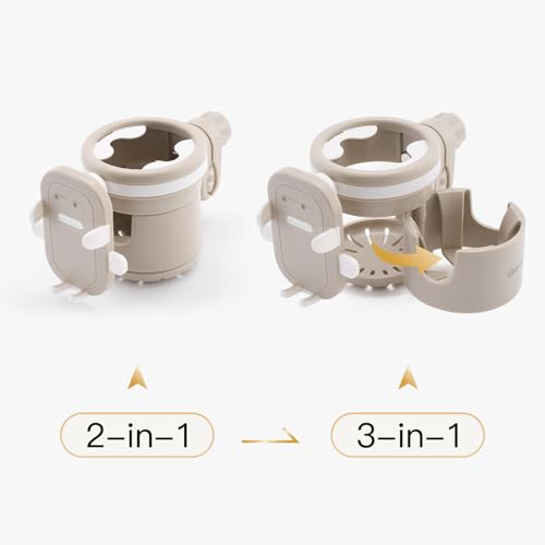 Gromast Universal Stroller Cup Holder with Phone Holder, 3-in-1 Detachable Drink Holder 360° Rotatable, Adjustable Cup Holder for Baby Stroller, Tricycle - Khaki - color: Khaki-4-in-1