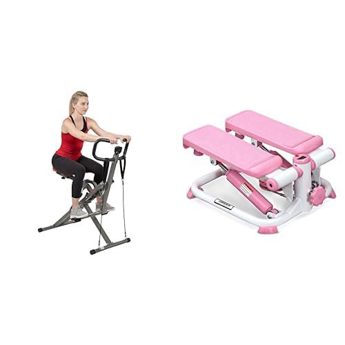 Sunny Health & Fitness Exercise Stepping Machine, Portable Mini Stair Stepper for Home or Office Workouts + Row-N-Ride™ PRO Squat Assist Trainer, Rowing Machine for Glute Workout