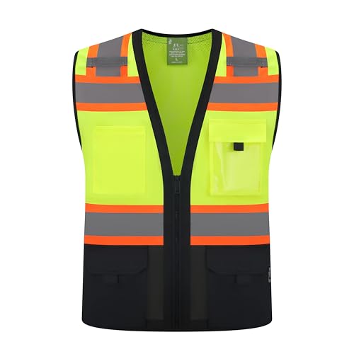 Gasoline Class 2 High Visibility Reflective Safety Vests Women & Men With 5 Pockets And Zipper Front,Meets Ansi/Isea - color: Yellow Black, size: XX-Large