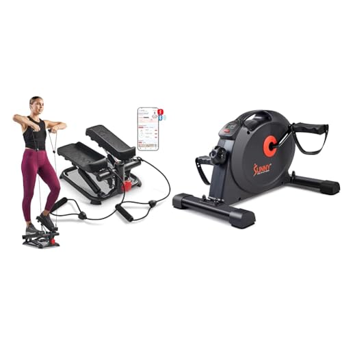 Sunny Health and Fitness Total Body Smart 2-in-1 Stepper Machine w/Resistance Bands + Under Desk Dual Function Smart Mini Pedal Exerciser Cycle Bikes with SunnyFit App