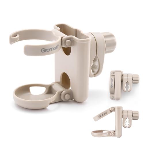 Gromast 2 in 1 Foldable Stroller Cup Holder + Phone Holder, 360°Rotatable with Adjustable Clip, Universal Cup Holder for Baby Stroller, Tricycle - Khaki - color: Khaki-2-in-1