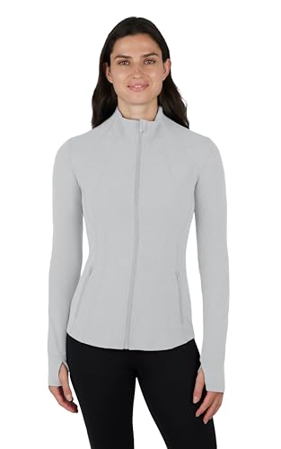 Yogalicious Womens Ultra Soft Lightweight Full Zip Yoga Jacket with Pockets - color: Heather Light Grey Nude Tech, size: Large
