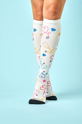 Nurse Mates Women's Wide Calf Socks | 12-14 mmHg Compression | Up to 22" Calf | One Size | 1 Pair - color: Stethoscope Hearts, size: One Size