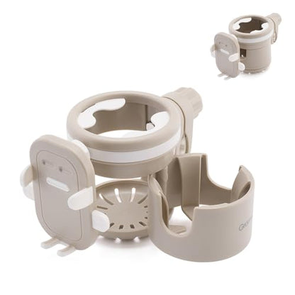 Gromast Universal Stroller Cup Holder with Phone Holder, 3-in-1 Detachable Drink Holder 360° Rotatable, Adjustable Cup Holder for Baby Stroller, Tricycle - Khaki - color: Khaki-4-in-1