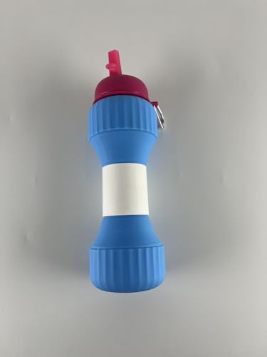 Collapsible Silicone Water Bottle 650ml - Dumbbell Shaped Leakproof Portable with Straw & Cap for Hiking Gym Travel (Blue/Gray)