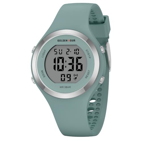 GOLDEN HOUR Waterproof Sport Women's Digital Chronograph Silicone Strap Watch - color: Dark Green