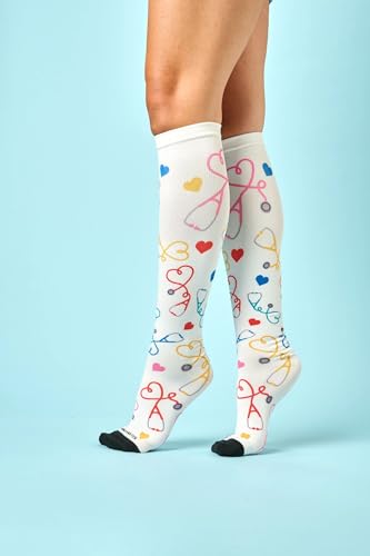 Nurse Mates Women's Wide Calf Socks | 12-14 mmHg Compression | Up to 22" Calf | One Size | 1 Pair - color: Stethoscope Hearts, size: One Size