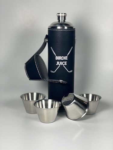 Birdie Juice Engraved Birdie Bottle 12oz Black Flask with 4 Shot Glasses in Cap – Stainless Steel with Waterproof Leather Case, Leakproof, Great Gift Idea - color: Black, size: 12oz Birdie Juice