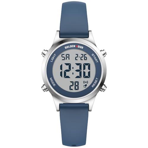 GOLDEN HOUR Waterproof Women's Digital Sports Watches with Silicone Strap, Alarm Calendar Stopwatch Chronograph 32mm Rose Gold Case - color: Blue/Silver