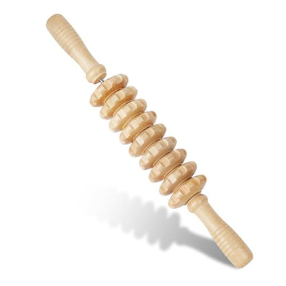 Liitrton Manual Wooden Massage Roller Stick for Muscle Relief, 9‑Wheel - size: 15.35 Inch (Pack of 1)