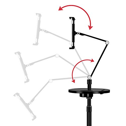 Adjustable Metal Tablet Phone Stand Mount Holder Compatible with Ipad Pro, Ipad Air.iPad mini,iPhone,Great for Office/Bed/Zoom/Netflix (Built in Cup/Phone Tray) (Black)
