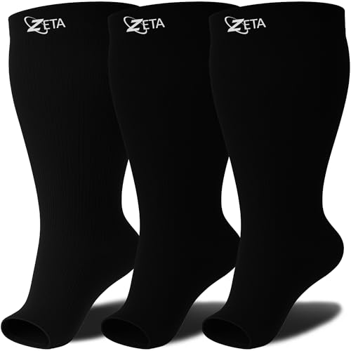 Zeta Wear Plus Size Compression Socks for Women and Men, Wide Calf Knee-High 15-19 mmHg Graduated Support, Easy-On Cuff, Fits Calves to 26 inch / 66 cm - color: 3 Pair - Black, size: 2XL