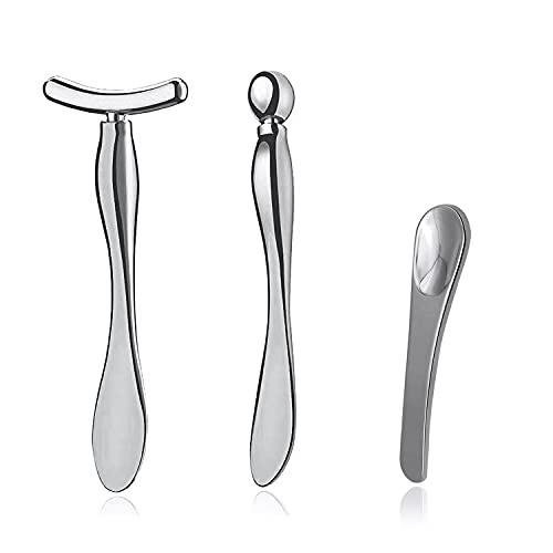Pimoys 3-Piece Metal Eye Cream Applicator Tool, Roller, Spoon, Silver - color: Silver
