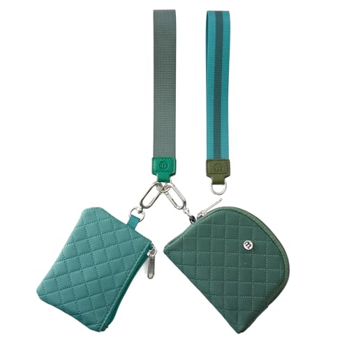 Mini Dual Pouch Wristlet Wallet for Women – Zip Around wristlet Keychain Wallet with 2 Wristlets, Ideal for Dog Walking, Coffee Runs & Lunch Break Essentials (Green+Teal) - color: Green+Teal