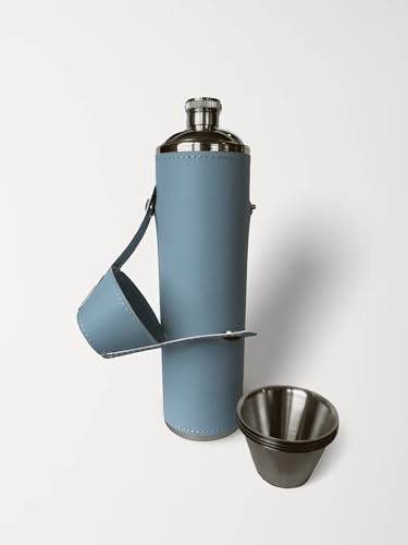 12oz Flask with 4 Shot Glasses in Cap – Stainless Steel with Waterproof Leather Case, Leakproof, Reusable Gift - color: Sky Blue, size: 12oz Standard
