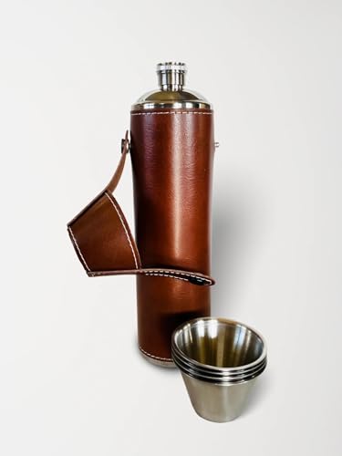 12oz Brown Flask with 4 Shot Glasses for Sharing – Stainless Steel with Waterproof Leather Case, Leakproof, Great Gift Idea, Reusable - color: Brown, size: 12oz Standard