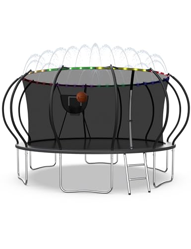 10-16FT Tranpoline Outdoor 1500LBS with Net, Light and Sprinkler - color: Deep Black