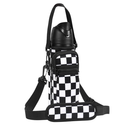 Neoprene Water Bottle Holder Bag with Cell Phone Pocket Compatible with Owala FreeSip 24 oz，Water Bottle Carrying Bag ，with Adjustable Shoulder Strap,for 24oz Stainless Steel Water Bottle - color: Checker