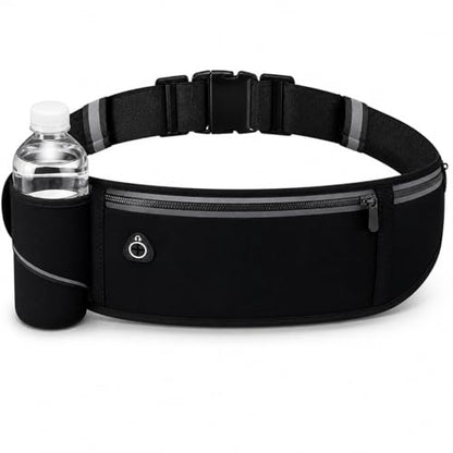 Slim No-Bounce Running Belt - Waterproof Exercise Waist Pack for Marathons, Hiking & Dog Walking - Hidden Travel Money Belt for Phones - color: Black(Bottle Holde)