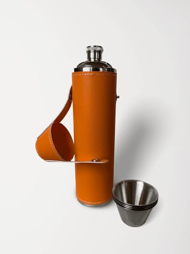 12oz Orange Flask with 4 Shot Glasses in Cap – Stainless Steel with Waterproof Leather Case, Leakproof, Reusable, Great Gift - color: Orange, size: 12oz Standard