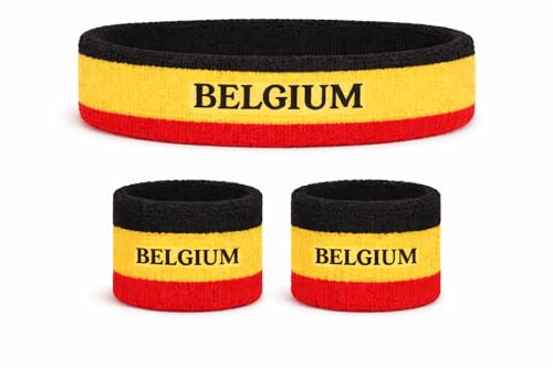 Suddora Country Headband & Wristbands Set (Includes 2 Wrist & 1 Head Sweatband), Highly Moisture Wicking - color: Belgium