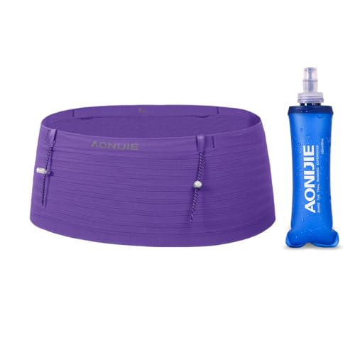 AONIJIE Running Belt with 250ml Soft Flask for Women and Men Lightweight & Non-slip Black Fanny Pack Fits All Size Phones Passport and More (Purple, L) - color: Purple, size: L